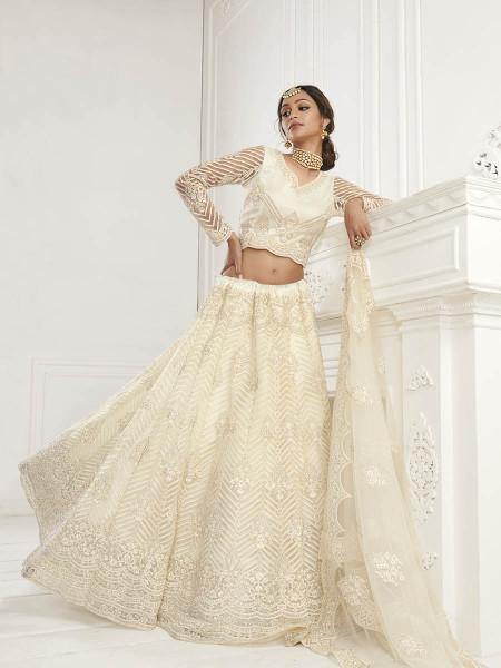 Myra Off White Heavy Embroidered Net bridal Lehenga features For Cheap