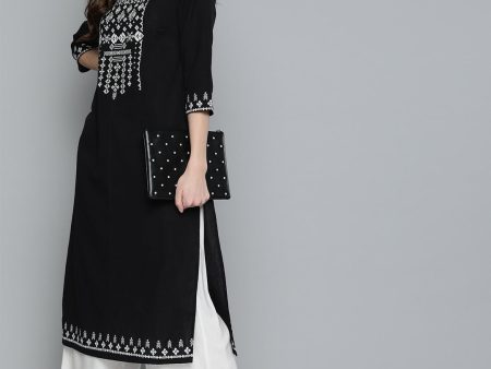 HERE&NOW Women Black & White Geometric Embroidered Thread Work Kurta Online Sale