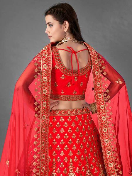 Myra Red Heavy Embroidered Satin Bridal Lehenga For Cheap