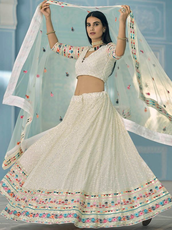 Myra White Gorgette Embroidered Lehenga Online Sale