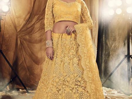 Myra Musturd Yellow Heavy Embroidered Net bridal Lehenga Online now