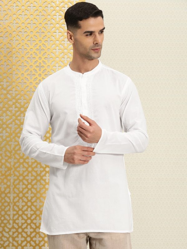 House of Pataudi Men Pure Cotton Solid Chikankari Jashn Short Kurta Hot on Sale