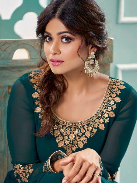 Myra Teal Embroidered Real Georgette Anarkali Suit For Cheap