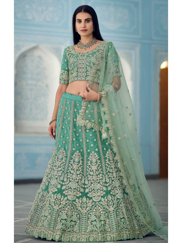 Myra Turquiose Organza Embroidered Lehenga For Discount