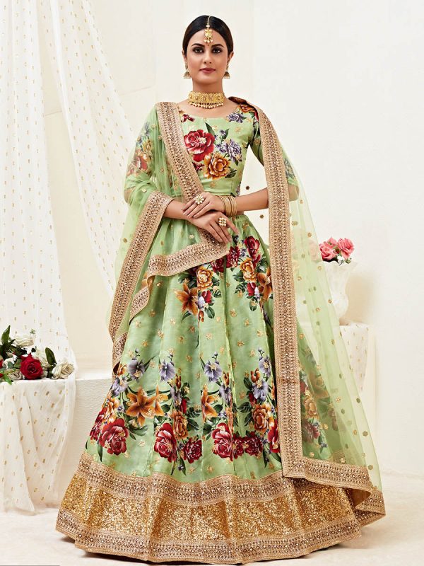 Myra Pista Floral Print Embroidered Designer Lehenga For Discount