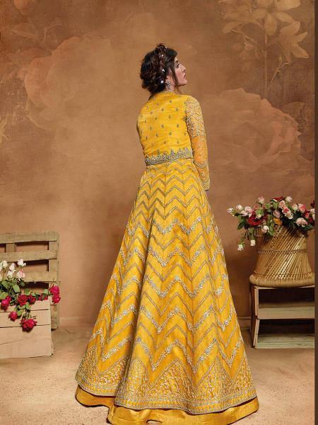 Myra Mustard Yellow Butterfly Net Embroidered Anarkali Suit Online Sale