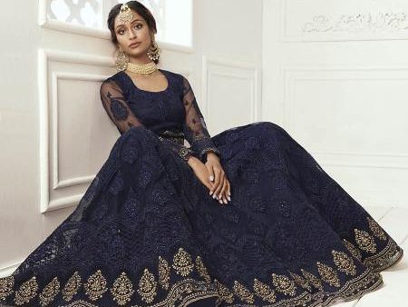 Myra Navy Blue Heavy Embroidered Net Bridal Lehenga Online