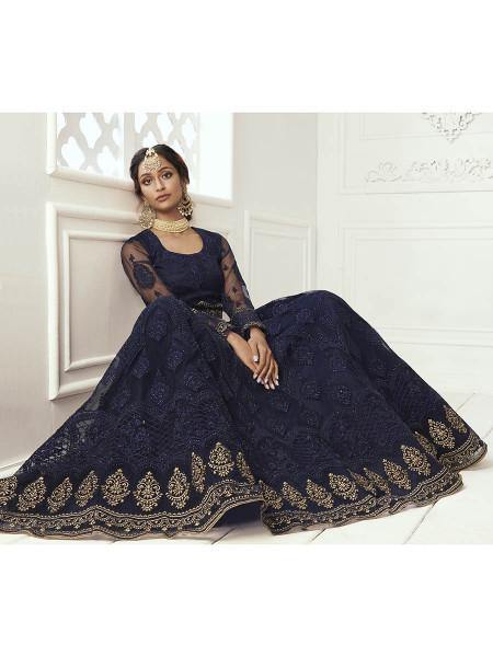 Myra Navy Blue Heavy Embroidered Net Bridal Lehenga Online