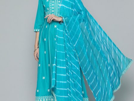 HERE&NOW Women Blue Ethnic Motifs Embroidered Thread Work Kurta with Trousers & With Dupatta Cheap