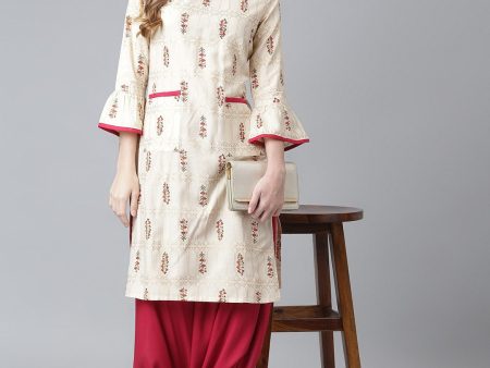 Khushal K Women Cream-Coloured & Brown Printed Kurta with Salwar Hot on Sale