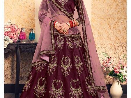 Myra Brown Satin Embroidered Lehenga Online Sale