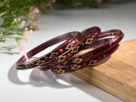 Afast Designer Fancy Party Bangle  Kada Set, Maroon, Glass, Pack Of 4 Hot on Sale