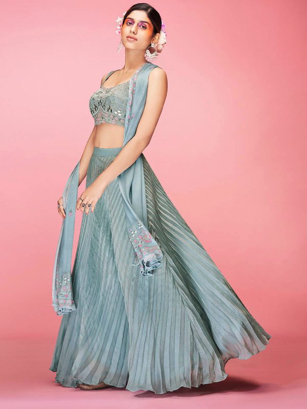 Myra Sky Blue Art Silk Embroidered Designer Lehenga on Sale