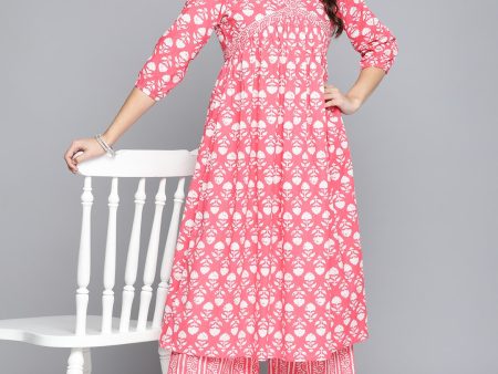 HERE&NOW Women Ethnic Motifs Printed Empire Pure Cotton Kurta With Palazzos on Sale