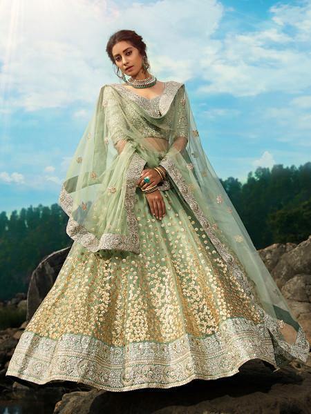 Myra Pastel Green Art Silk Lehenga on Sale