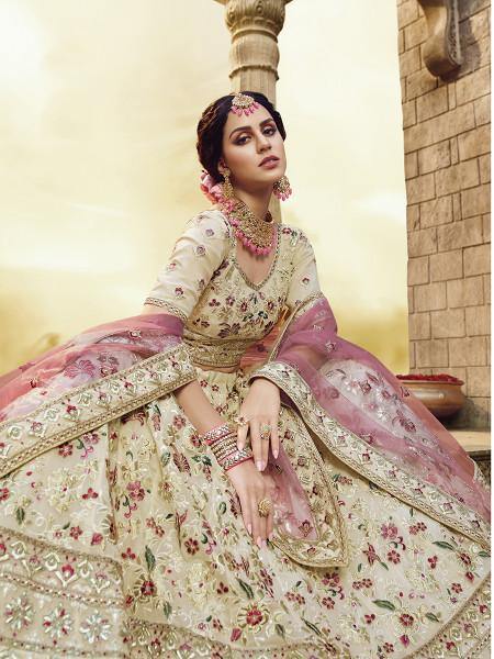 Myra Off White Heavy Embroidered Georgette Lehenga Discount