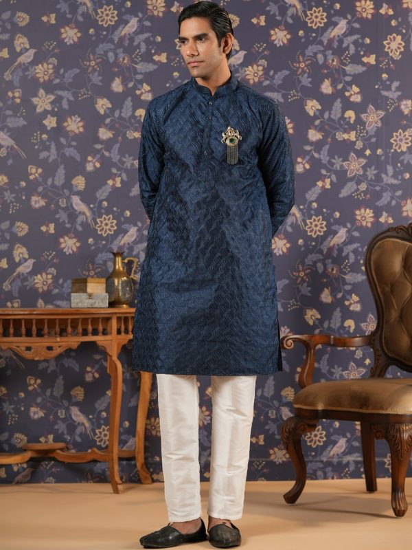 House of Pataudi Ethnic Motifs Embroidered Mandarin Collar Straight Kurta With Trouser Discount