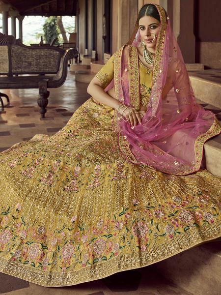 Myra Mustard Heavy Embroidered Georgette bridal Lehenga on Sale