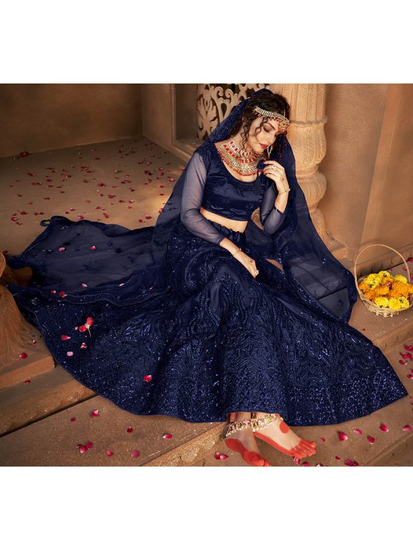 Myra Navy Blue Heavy Embroidered Net Lehenga For Discount