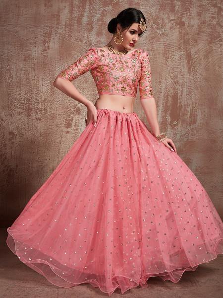 Myra Pink Soft Net Heavy Embroidered Lehenga Hot on Sale