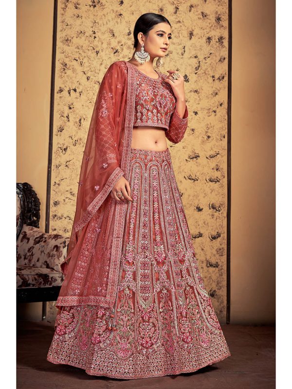 Myra Pink Taupe Soft Net Heavy Embroidered Designer Lehenga For Cheap