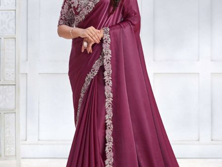 Magenta Crepe satin silk Cord & Sequence Embroidered with Stone work Saree - Mohmanthan Majestica Online now