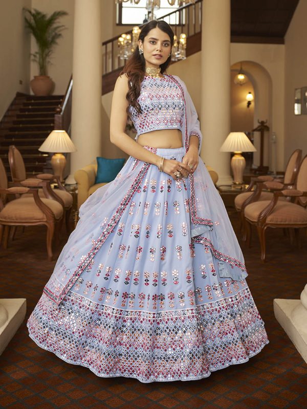 Myra Sky Blue Georgette Embroidered Designer Lehenga Sale