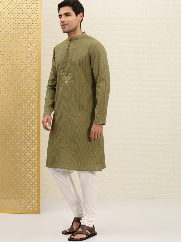 House of Pataudi Men Olive Green Striped Straight Kurta with Embroidered Detail Discount