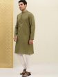 House of Pataudi Men Olive Green Striped Straight Kurta with Embroidered Detail Discount