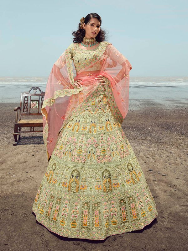 Myra Pista Green Georgette Embroidered Designer Lehenga Choli Online Sale