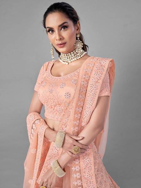 Myra Peach Heavy Embroidered Soft Net Bridal Beautiful Lehenga For Cheap