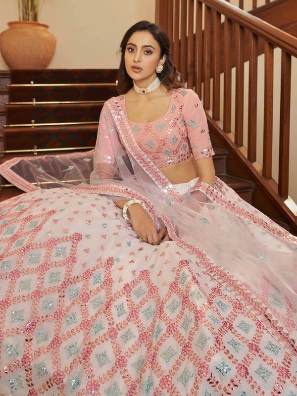 Myra Pearl White and Pink Georgette Embroidered Party Wear Lehenga on Sale