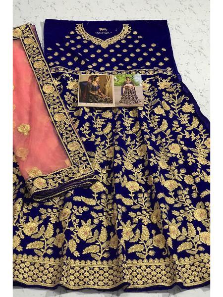 Myra Royal Blue Heavy Embroidered Velvet Bridal Lehenga Sale