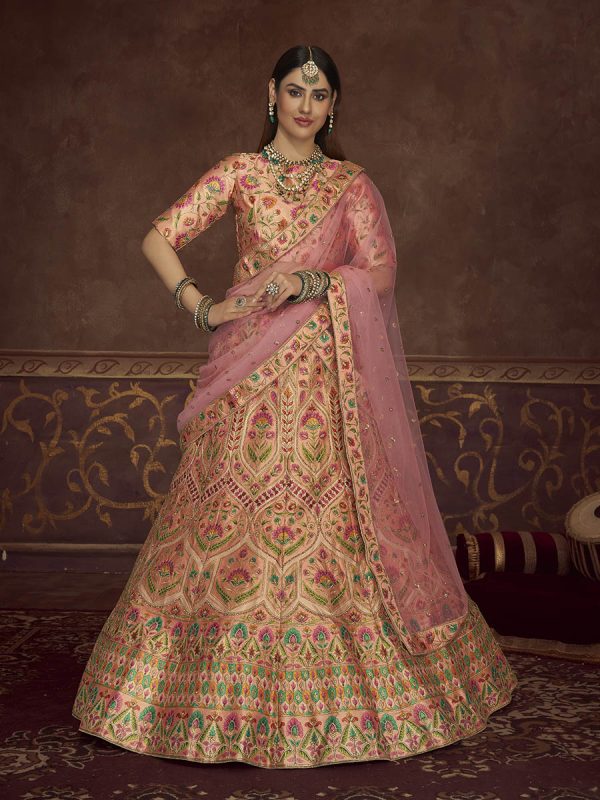 Myra Peach Pink Art Silk Embroidered Designer Lehenga Online now