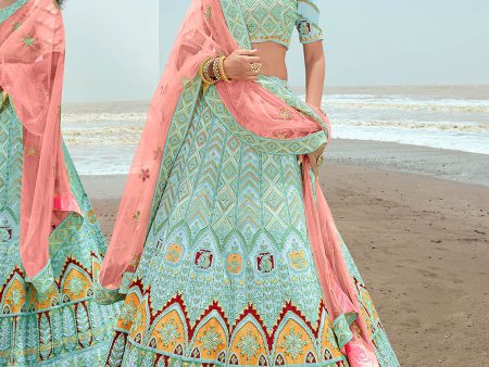 Myra Turquoise Georgette Embroidered Designer Lehenga Choli For Discount