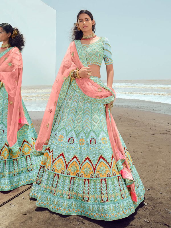 Myra Turquoise Georgette Embroidered Designer Lehenga Choli For Discount