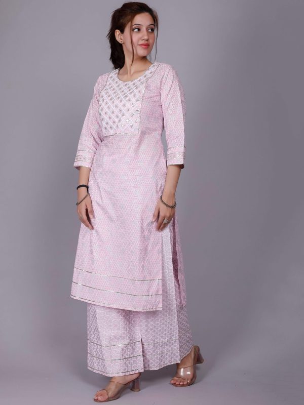 HERE&NOW Pink Ethnic Motifs Embroidered Sequinned Pure Cotton Kurta with Palazzos on Sale