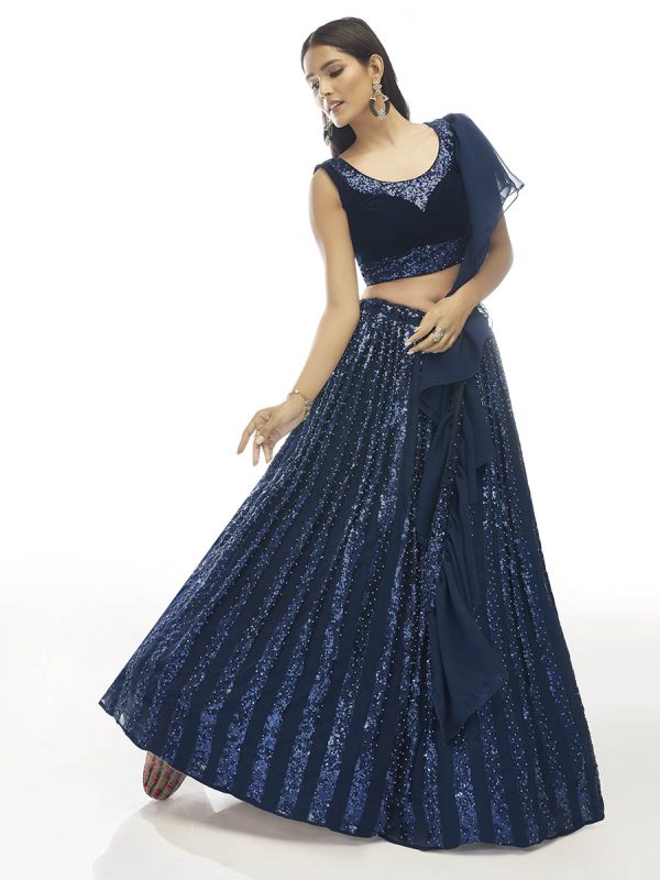 Myra Navy Blue Velvet Embroidered Designer Lehenga Fashion