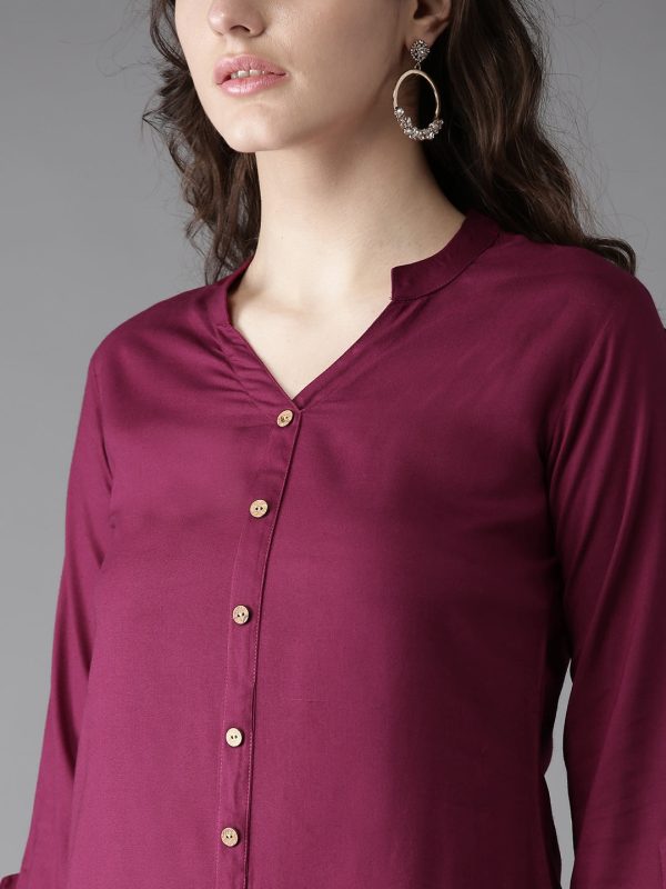 HERE&NOW Women Burgundy Solid Straight Kurta For Sale