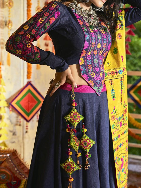 Myra Pink and Navy blue Silk Embroidered Navratri Special Lehenga Hot on Sale