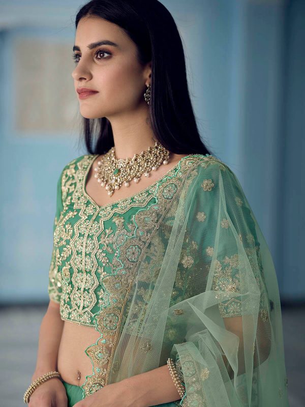 Myra Turquoise Organza Embroidered Lehenga Discount