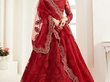 Myra Red Heavy Embroidered Net Lehenga For Cheap