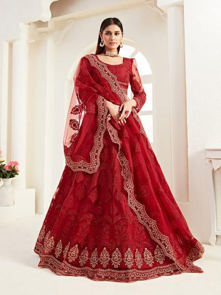 Myra Red Heavy Embroidered Net Lehenga For Cheap