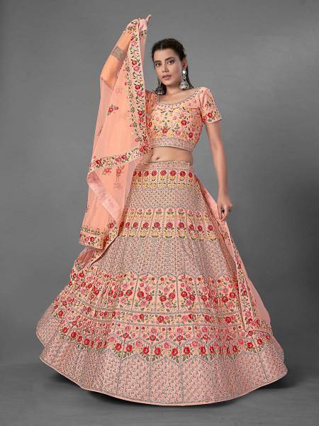 Myra Peach Heavy Embroidered Art Silk Bridal Lehenga Fashion