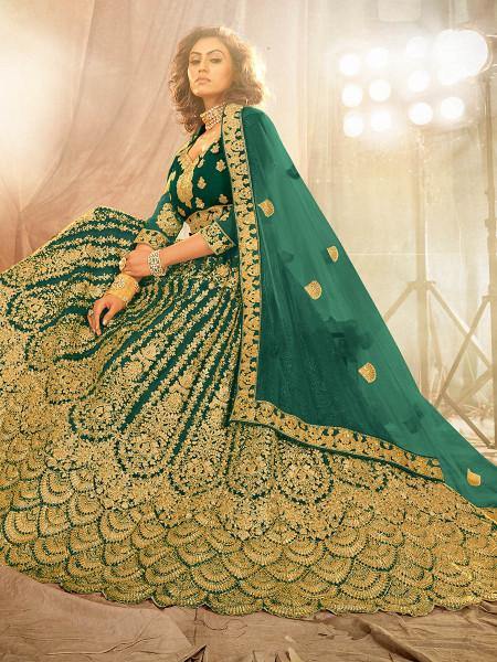 Myra Rama Green Heavy Embroidered Net Lehenga Online Sale