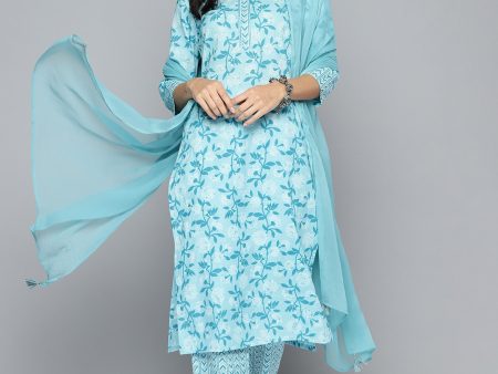 HERE&NOW Women Blue Floral Printed Regular Pure Cotton Kurta with Trousers & With Dupatta Supply