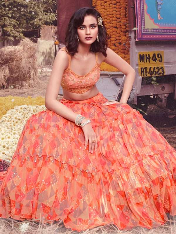 Myra Peach Chinon Embroidered Designer Lehenga For Discount