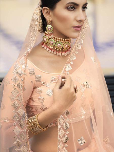 Myra Peach Heavy Embroidered Soft Net Bridal Lehenga For Cheap