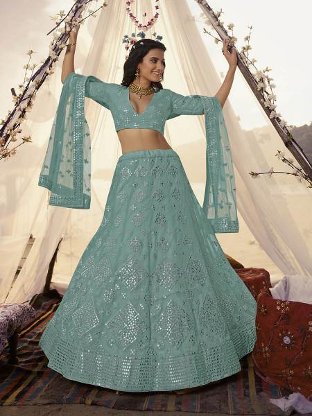 Myra Sea Green Embroidered Organza Bridal Lehenga Discount