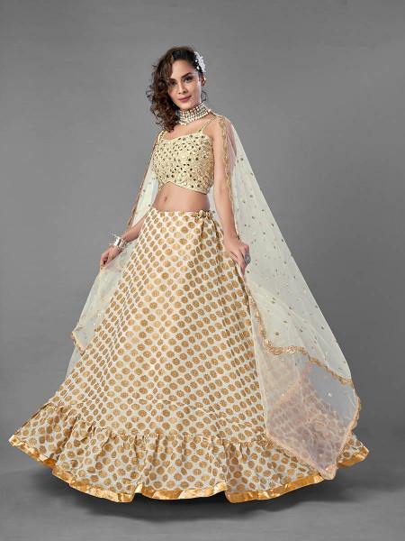 Myra White Heavy Embroidered Viscose Silk Bridal Lehenga Cheap